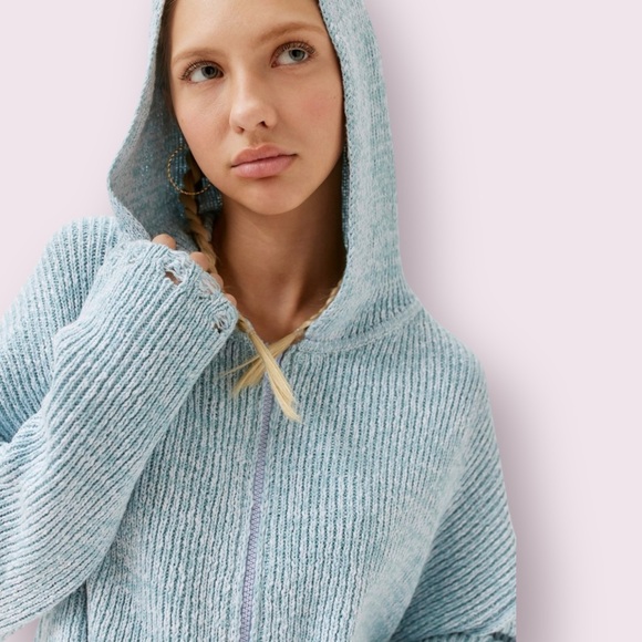 Urban Outfitters Sweaters - Urban Outfitters Light Blue Rhode Distressed Hooded Cardigan